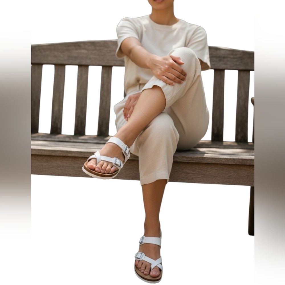 Cushionaire Leather Corkys Women's White and Tan Sandals. Sz. 11 M.